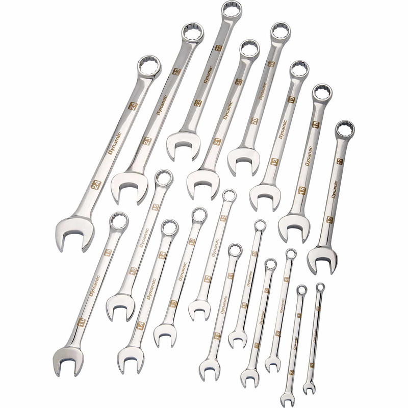 Wrench Set with Mirror Chrome Finish, 19pc, Metric, Combination, 6mm - 24mm